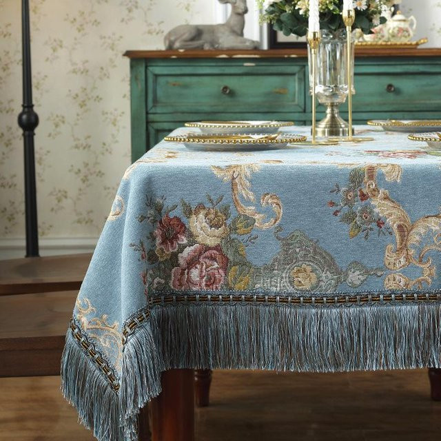 JMG Household Supplies Tischdecke aus Chenille mit Blumenmuster und Fransen in Blau, B/B: 130 x 180 cm - Bild 1