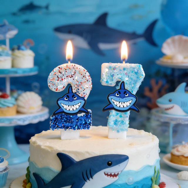Potdemiel Hai-Zahlenkerzen in Blau für Geburtstag und Babyparty als maritime Kuchendekoration - Bild 1