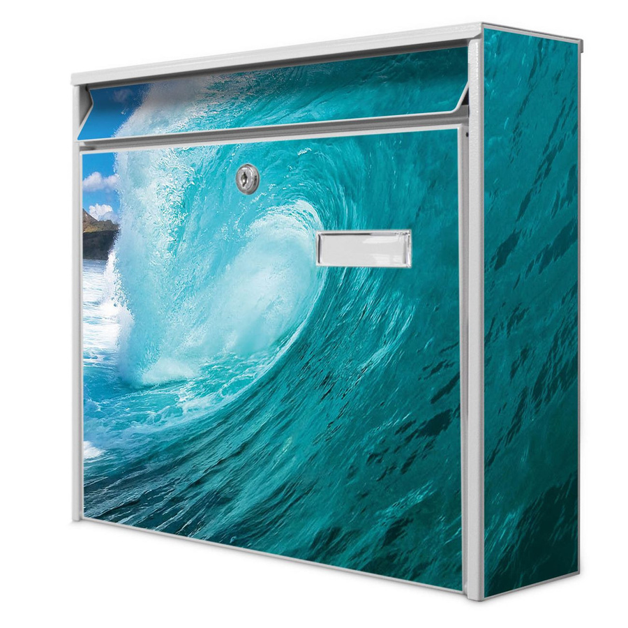 banjado Burg Wächter Wandbriefkasten Modell Mail in Weiß mit Wellen-Meer-Motiv aus verzinktem und lackiertem Stahlblech B/H/T: 36 x 32 x 10 cm - Bild 1