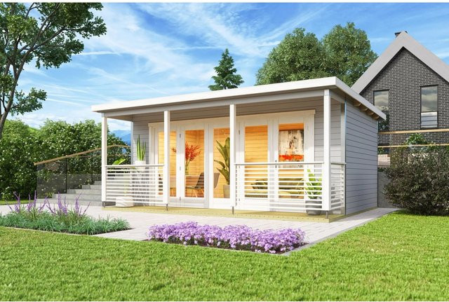 Lasita Blockbohlenhaus Liverpool Gartenhaus mit Flachdach in Lichtgrau lasiert B/H/T: 580 x 239,4 x 430 cm - Bild 1