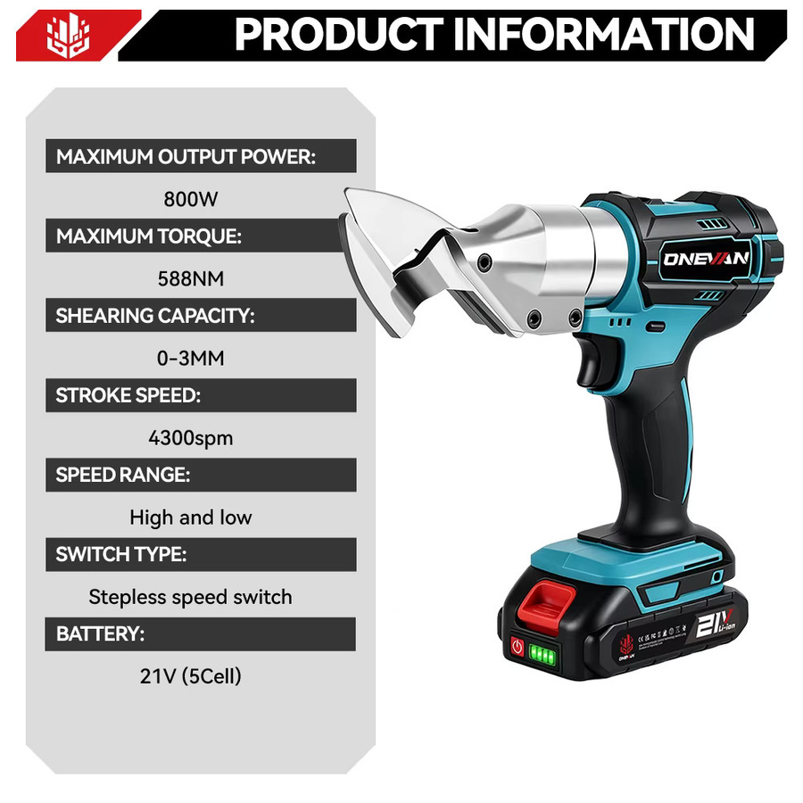 ONEVAN Elektrische Eisenschere 800W kabelloser Metallschneider und Rohrschneider für Makita 18V Akku aus Edelstahl - Bild 3