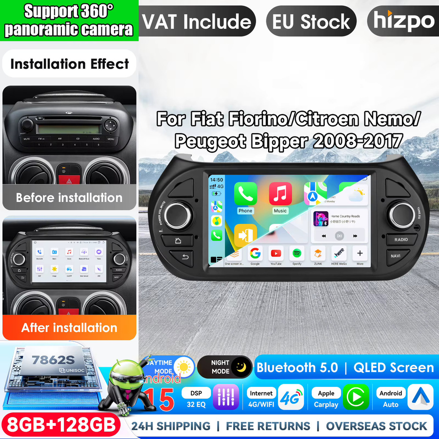 Hizpo 7 Zoll Wireless CarPlay und Android Auto Autoradio für Fiat Fiorino Qubo, Citroen Nemo 2 und Peugeot Bipper 2008-2017, Multimedia Smart Intelligent System mit IPS Touchscreen in Schwarz - Bild 1