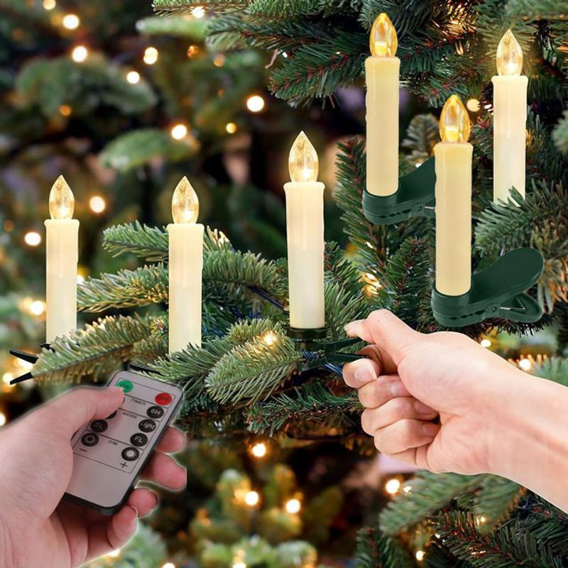10 Stück flammenlose weiße LED-Spitzkerzen mit Fernbedienung und Timer für den Weihnachtsbaum, batteriebetriebene konische Clip-on-Kerzen aus Kunststoff - Bild 1