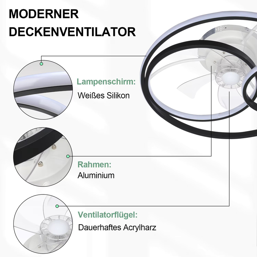 Oyajia Deckenventilator mit LED-Licht in Weiß, dimmbar mit Fernbedienung, moderner Ring-Deckenventilator aus Aluminium für Wohnzimmer, Schlafzimmer und Küche - Bild 5