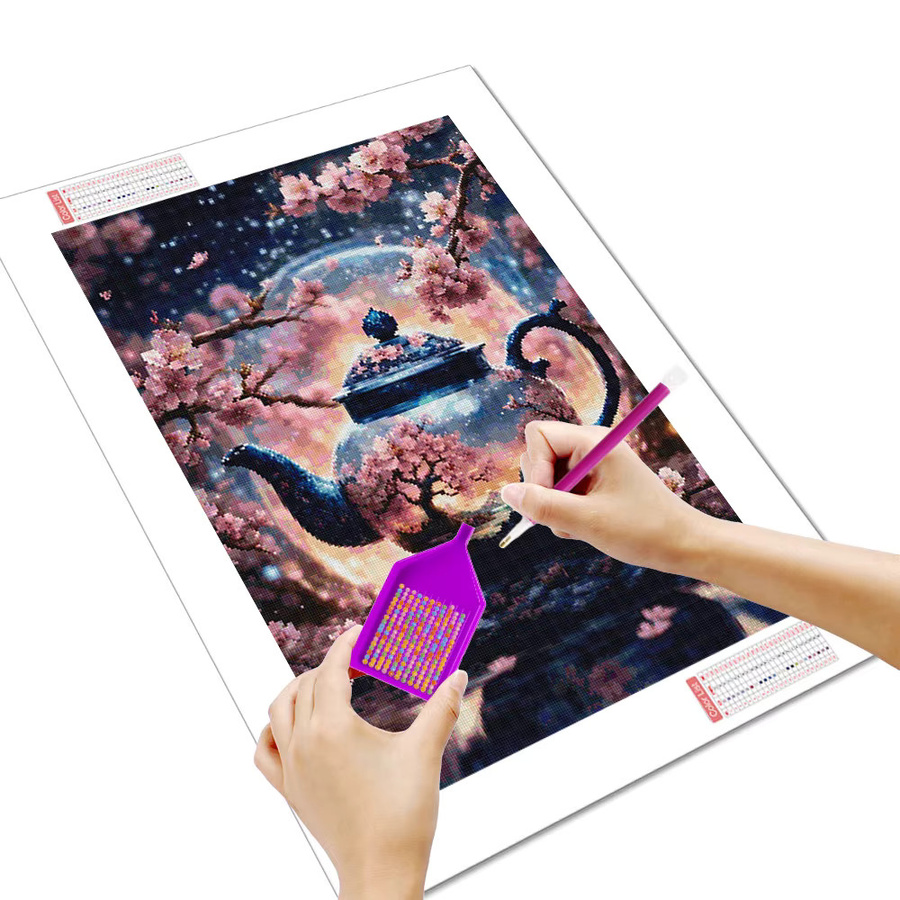 Huacan 5D Diamantmosaik Set mit Pflaumenblüten und Teekanne, rundes Diamantgemälde zur Wanddekoration, Mehrfarbig, B/H: 30 x 20 cm - Bild 2