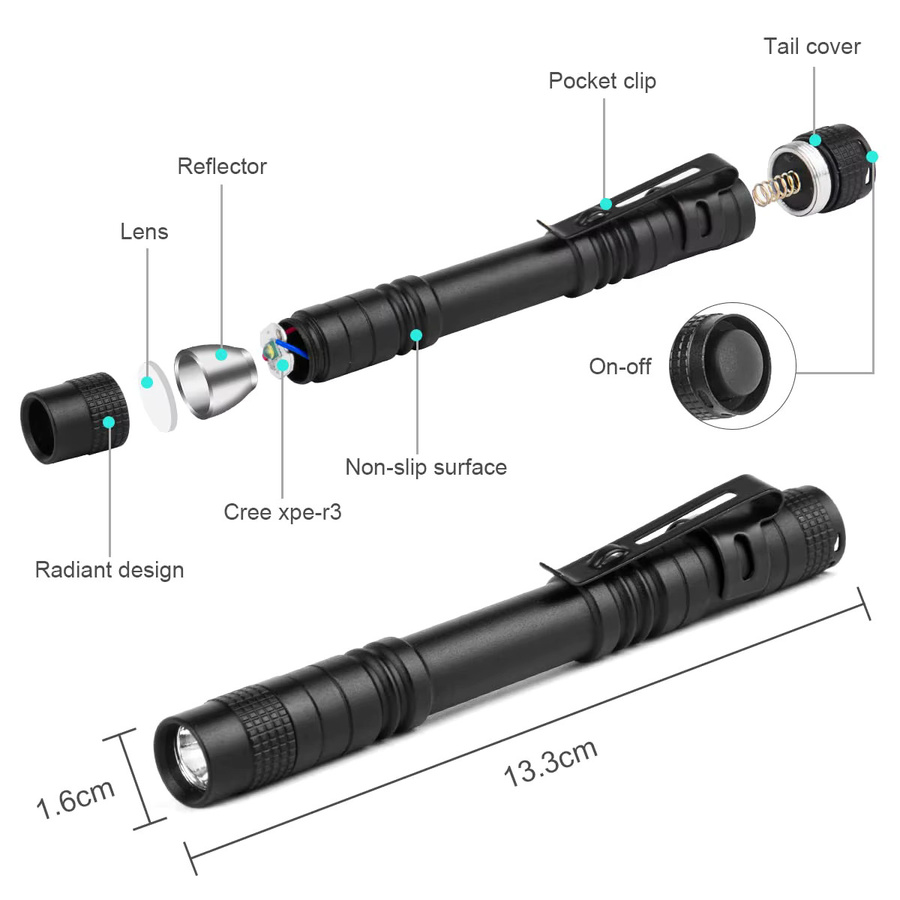 ZHIYU Mini-LED-Stift-Taschenlampe aus Aluminium in Schwarz mit Clip für Outdoor, Camping und Notfälle - Bild 5
