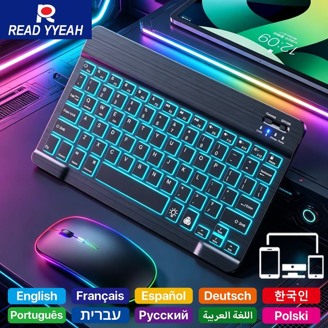READ YYEAH Kabellose RGB Tastatur und Maus Kombination mit Hintergrundbeleuchtung, wiederaufladbar, mehrsprachig, Schwarz/Grün - Bild 1