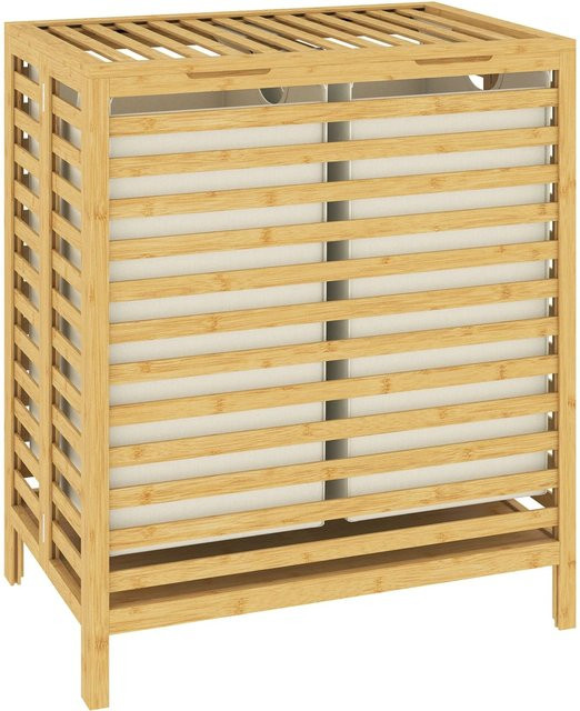 HOMCOM Wäschekorb aus Bambus und Polyester mit 55l Fassungsvermögen, Farbe Naturholz und Cremeweiß, B: 36 cm, H: 64,2 cm - Bild 1