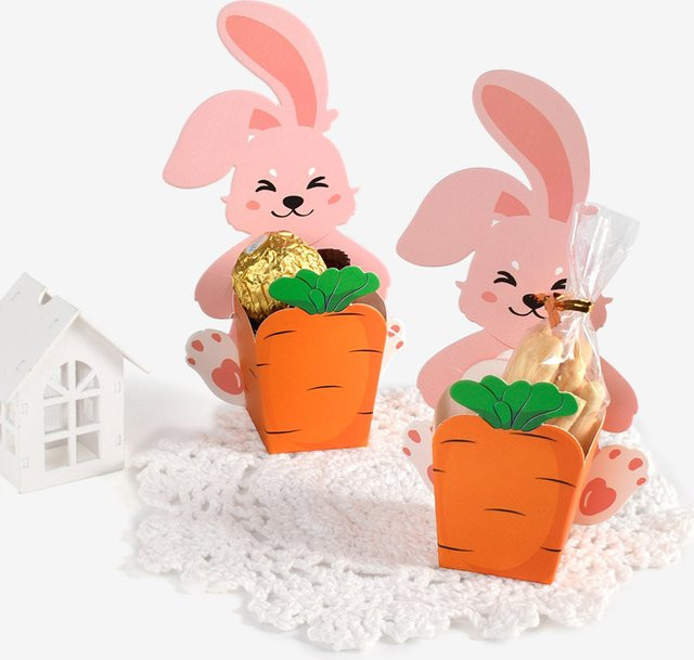 Ostern Geschenkverpackung aus Papier mit niedlichen Häschen und Karotten in Pink für Kinder und Erwachsene - Bild 1