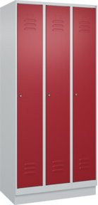 C+P Spind Classic PLUS Spind mit Sockel, 3 Abteile, Grau/Rot, B/T/H: 90 x 50 x 195 cm, mit Zylinderschloss und 3 Garderobenhaken - Bild 1