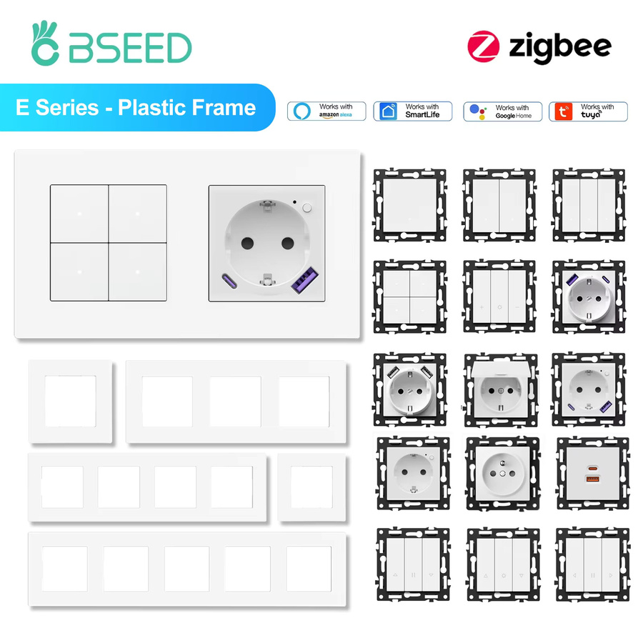 BSEED Zigbee Smart-Lichtschalter und Rolladen-Dimmer mit mechanischen Tasten, weiß, Kunststoffrahmen - Bild 1