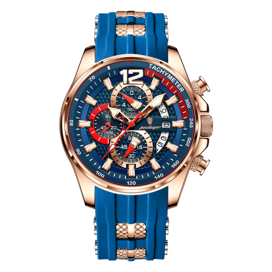 POEDAGAR Chronograph Armbanduhr, Quarz, Silikon, Schwarz, Herren - Bild 7