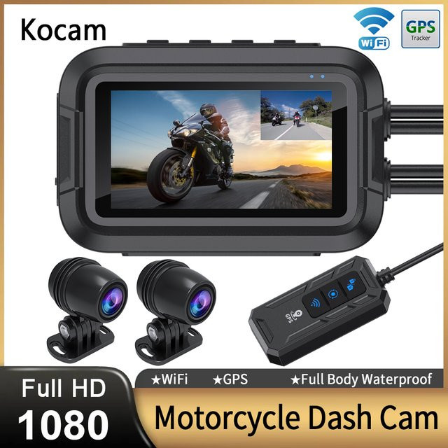 Dual 1080p Motorrad Dash Cam mit WiFi und GPS, wasserdichte Action Camera für vorne und hinten, Schwarz - Bild 1