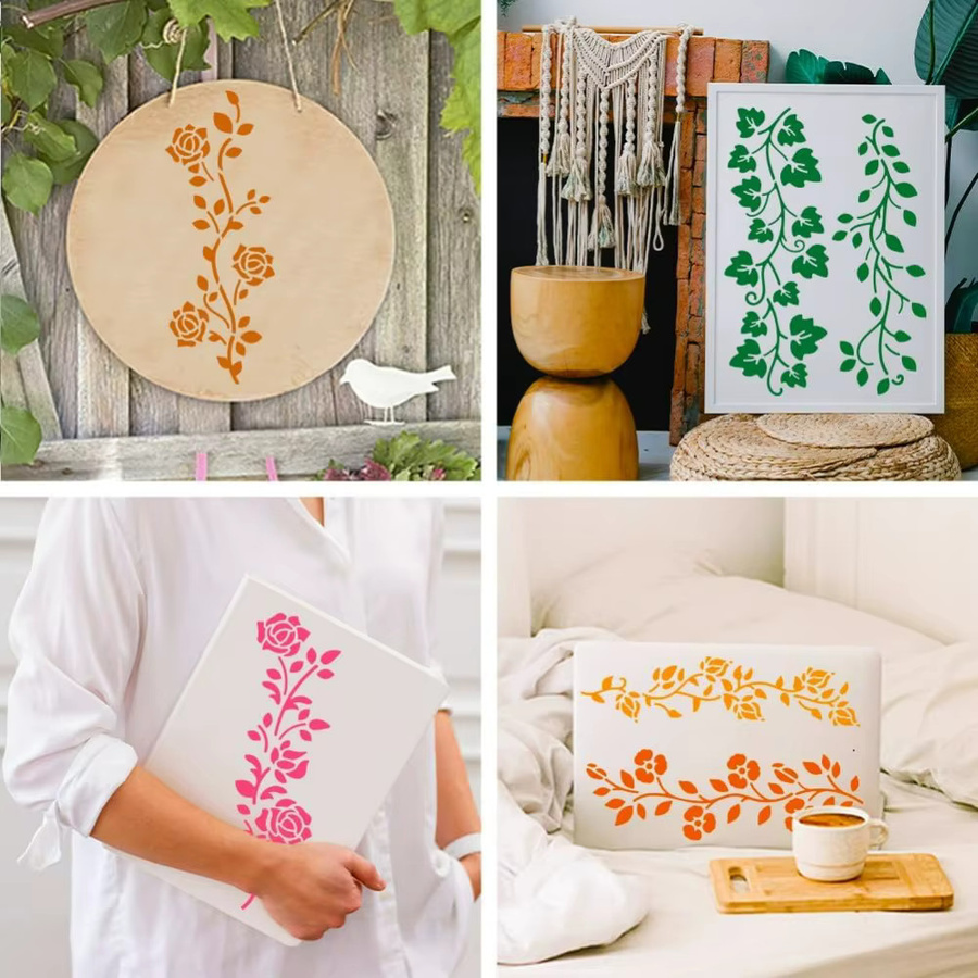 3-teiliges Schablonen-Set mit Weinreben-Blättern und botanischen Zweigen in Mehrfarbig, inklusive Pinsel für Stoff und Fotoalben, Material: Kunststoff, Breite: 11,7 cm, Höhe: 8,3 cm - Bild 2