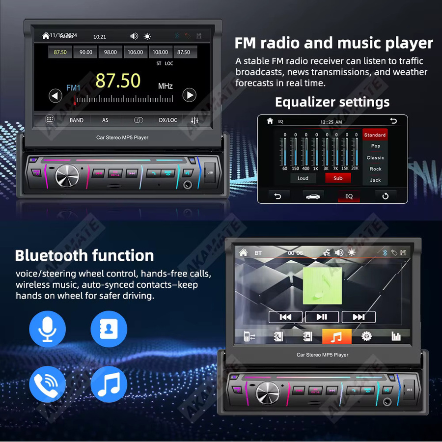 AKAMATE 7-Zoll Autoradio mit manuell einziehbarem Bildschirm, Bluetooth, Mirrorlink und Sprachassistent, 1Din Multimedia-Player in Schwarz - Bild 4