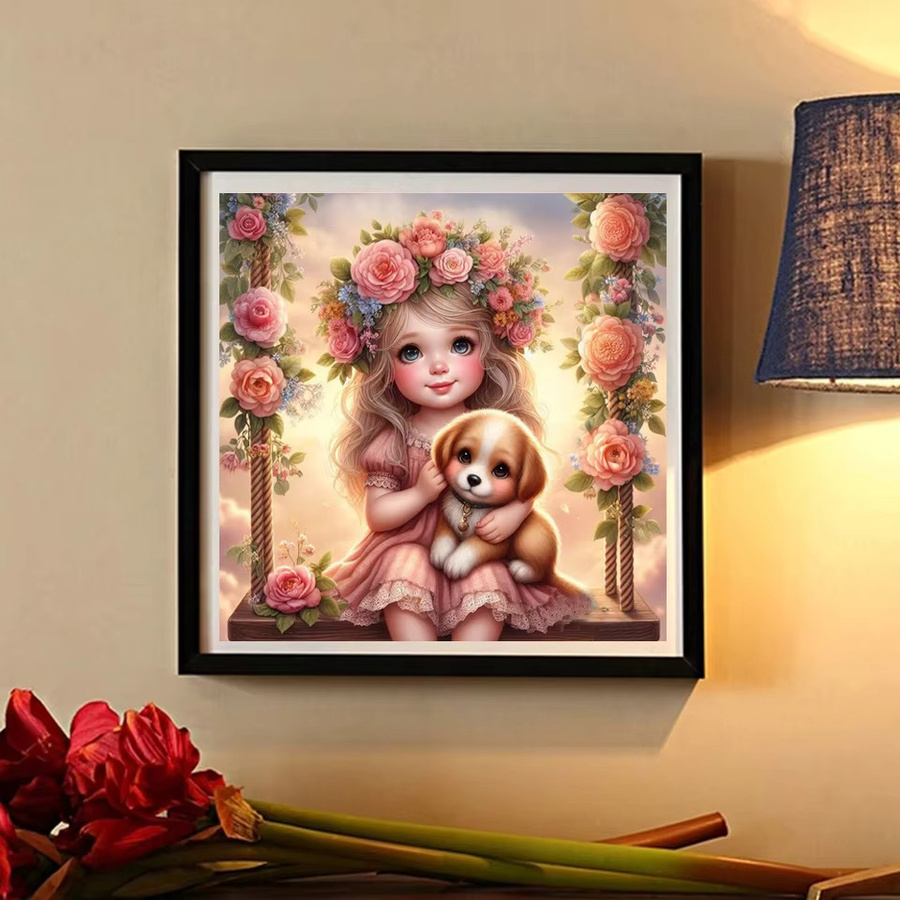 Potdemiel 5D-Diamantgemälde Set mit süßem Mädchenporträt, Blumen, Katze und Hund in Multicolour, runde Diamant-Stickerei als Mosaik-Kreuzstich zur Heimdekoration, B/H: 20 x 20 cm - Bild 3