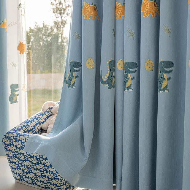 AiFish Verdunkelungsvorhänge für Kinder mit blauem Cartoon-Dinosaurier-Motiv und Stickerei - Bild 1