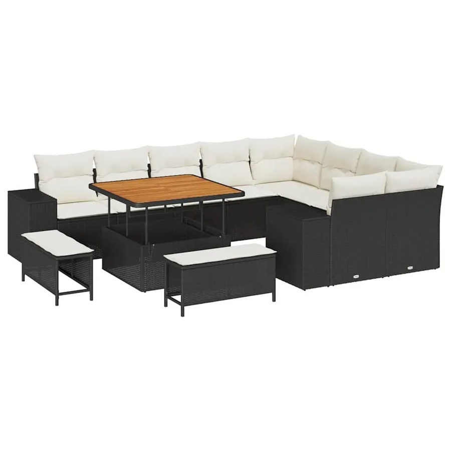 vidaXL Garten-Sofa-Set 12-tlg. aus Polyrattan in Schwarz und Beige mit Polsterung und Kissen für Terrasse und Garten - Bild 2