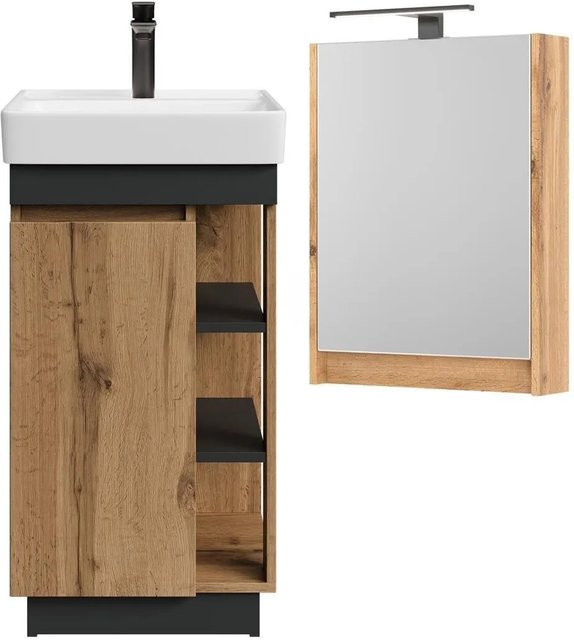 Planetmöbel Badmöbel Set NYX mit Waschbecken und LED Spiegelschrank in Wotan Eiche Anthrazit und Matt Schwarz, Breite: 50 cm - Bild 1