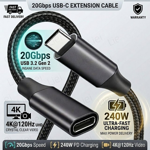 LIEI USB-C Verlängerungskabel 20Gbps 240W USB 3.2 in Schwarz für 4K@120Hz Videoübertragung mit Stecker auf Buchse für MacBook, iPhone, PlayStation und Nintendo Switch - Bild 1