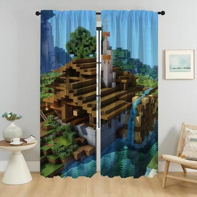Minecraft Vorhänge für das Wohnzimmer und Kinderzimmer, 2 Paneele, halbtransparent, Mehrfarbig, B: 96 cm, H: 137 cm - Bild 1