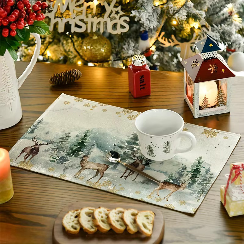 VIKAMA 4-teiliges Tischset-Set Wintersolstice mit Schneeszene und Hirschwald für deine Weihnachtsdekoration - Bild 4