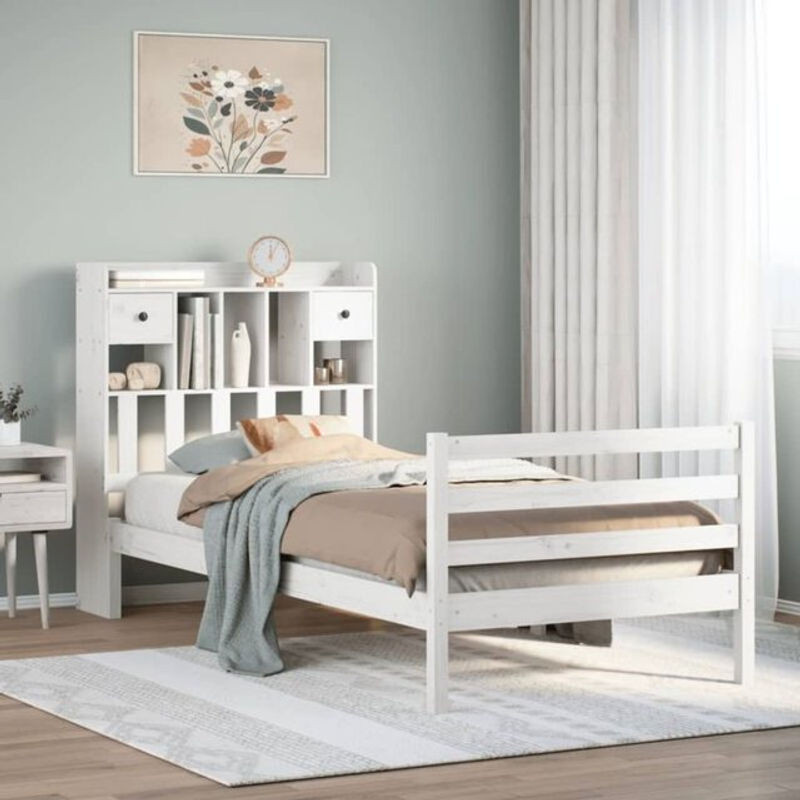 Massivholzbett Vidaxl aus Kiefer mit Regal in Weiß, B/T/H: 90 x 190 x 110 cm - Bild 1