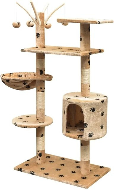 vidaXL Katzen-Kratzbaum Beige mit Pfoten-Aufdruck, Höe: 125 cm, inklusive Höhle, Hängematte und integriertem Spielzeug - Bild 1