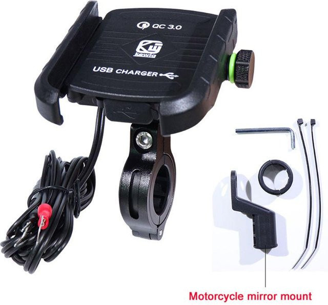 Apple Bloom Wasserdichte 360-Grad Motorrad-Handyhalterung für Lenkerspiegel mit QC 3.0 USB-Ladegerät in Schwarz - Bild 1
