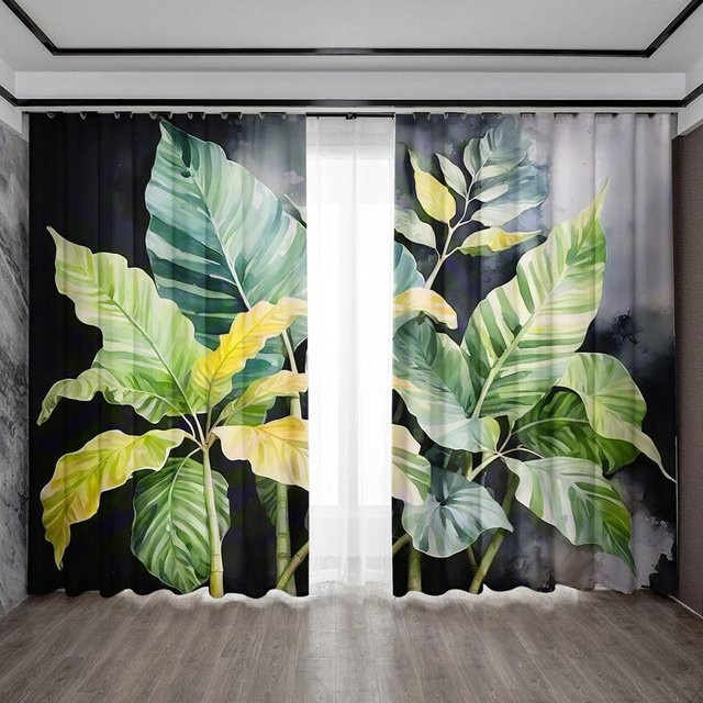 2-teiliger Gaze-Vorhang mit tropischem Blättermuster von Binchi Outdoor Equipment, Farbe: Multicolour, B/H: 75 x 166 cm - Bild 1