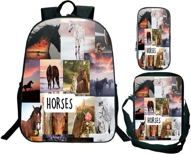 Schulrucksack Set von Fancy Style Studio mit Anime Pferd Motiv in Mehrfarbig als 3-teiliges Set bestehend aus Schultasche, Messenger Tasche und Federmäppchen - Bild 1