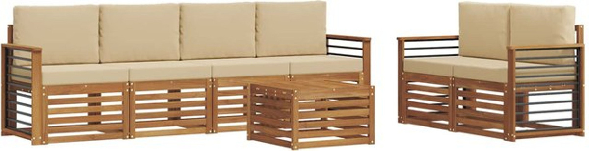 vidaXL Outdoor-Sofagarnitur aus Massivholz Akazie in Natur und Beige, 7-teiliges Loungemöbel-Set im modernen und minimalistischen Design - Bild 1