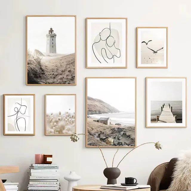 Potdemiel Leinwandbild Minimalist Nature Botanical in Beige mit Meer, Gras, Schilf und Löwenzahn - Bild 1