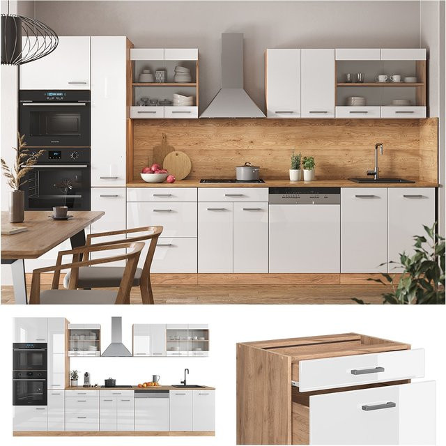 Vicco R-Line Küchenzeile in Weiß Hochglanz und Eiche, Breite: 350 cm - Bild 1