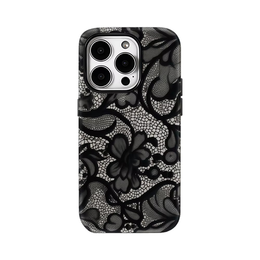 Potdemiel Handyhülle mit schwarzem Spitzenmuster für iPhone 17 16 15 14 13 12 Pro Max Plus mit doppelschichtiger Rückseite, Schwarz - Bild 7