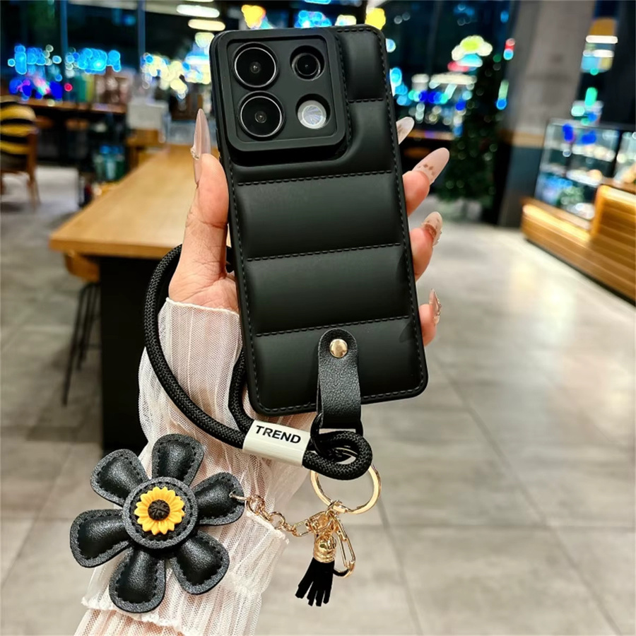 Luxuriöse weiche Daunenjacke Handyhülle mit Sonnenblumen-Handgelenkschlaufe für Xiaomi Redmi Note 14, 13, 12 Pro, Redmi 12, 14C, 13C in Pink - Bild 2