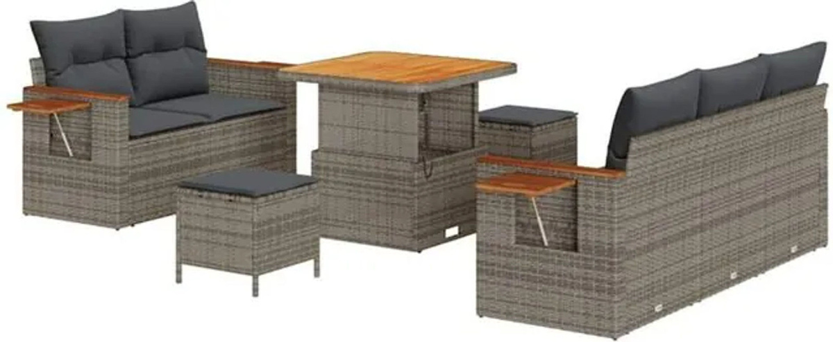vidaXL Garten-Sofa-Set aus Poly-Rattan mit Kissen und Stauraum, 8-teilig, Grau - Bild 1