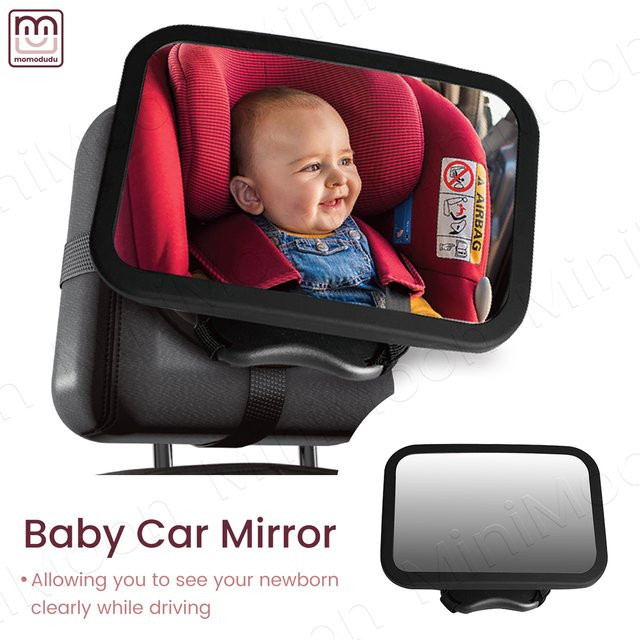Weitwandiger Babyautospiegel von momo&dudu in Schwarz mit bruchsicherer Kopfstütze zur sicheren Überwachung deines Säuglings - Bild 1