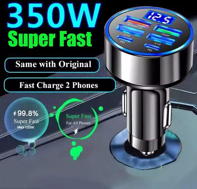 350W USB-Autoladegerät mit 6 Ports, schnelles PD-QC3.0-Ladegerät inklusive USB-C Typ-C Adapter für iPhone, Samsung und Xiaomi - Bild 1