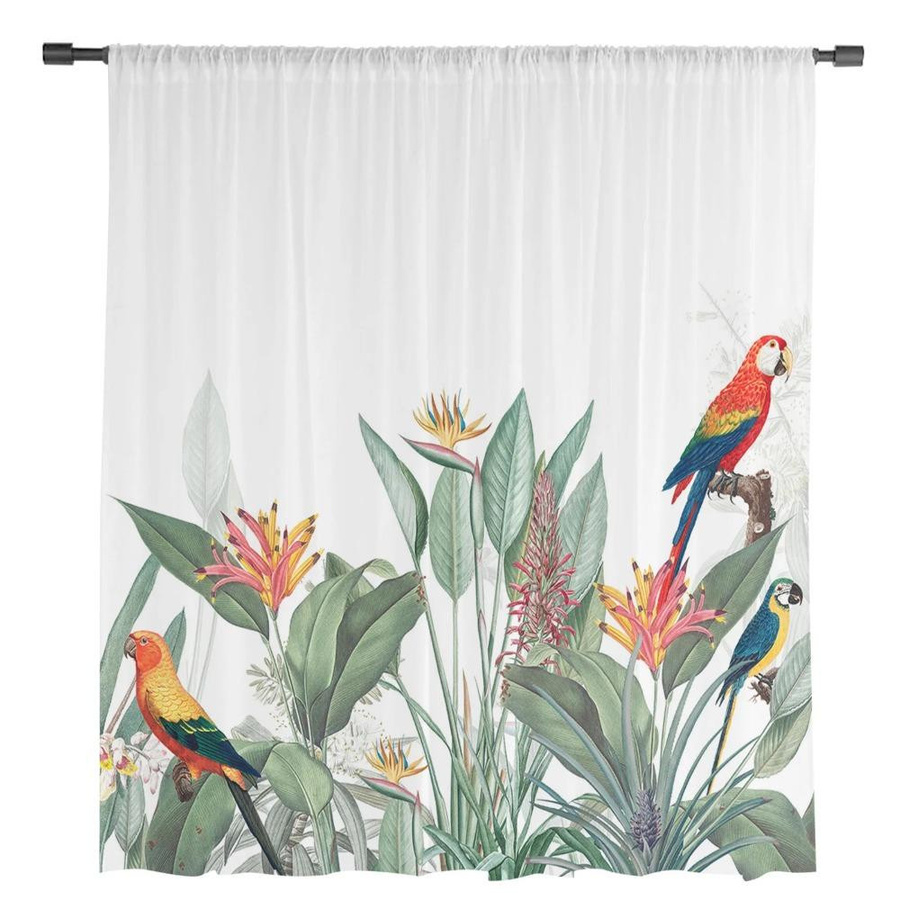 Yiran Furniture Transparente Gardine Tropische Pflanzen und Papagei aus Tüll und Organza, Multicolor, Breite: 135 cm, Höhe: 115 cm - Bild 2