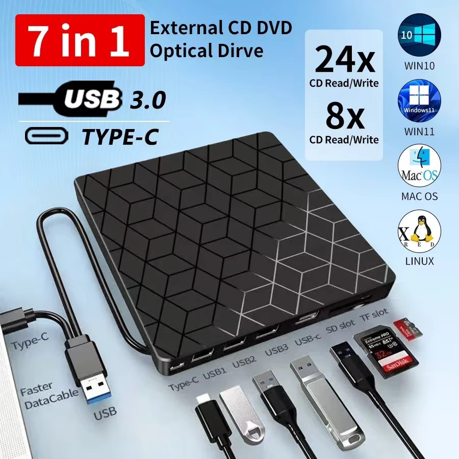 GGBEE 7-in-1 Externer DVD- und CD-Recorder mit USB 3.0 und Typ-C, Tragbares Optisches Laufwerk für Laptop und Desktop, Schwarz - Bild 3