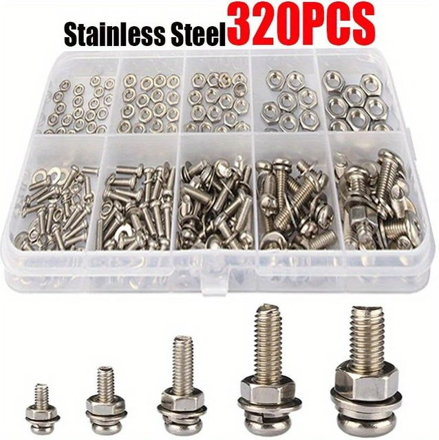 320-teiliges Edelstahl Schrauben und Muttern Sortiment in Silber von xianyi01 mit M2 bis M5 Metrischem Bolzen- und Mutter-Set - Bild 1