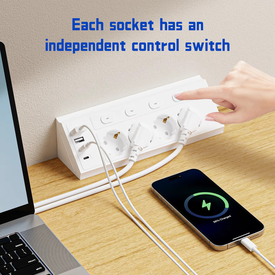 Guwansenen 8-in-1 EU-Steckdosenleiste mit 4 Schaltern, 4 AC-Steckdosen und 2 USB-C-Anschlüssen, 1,5 Meter Verlängerungskabel, Eck-Design - Bild 4