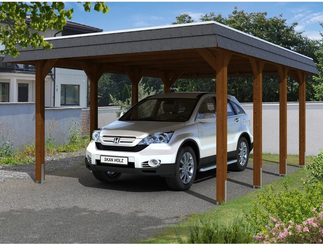 Skan Holz Carport Spreewald aus Nadelholz in Nussbaum mit flacher Dachform und EPDM Dachbahn, Breite: 396 cm, Höhe: 244 cm - Bild 1