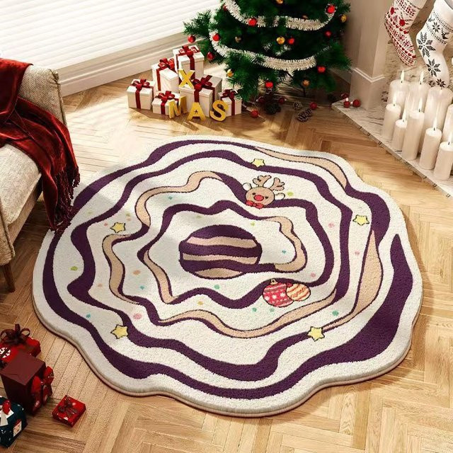VIKAMA Runder Weihnachtsteppich aus Kunstfell in Abstract-Design für Wohnzimmer und Schlafzimmer, Durchmesser: 60 cm - Bild 1