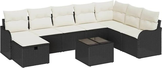 vidaXL 9-teiliges Garten-Sofa-Set aus Poly-Rattan in Schwarz und Beige mit Kissen und Couchtisch - Bild 1