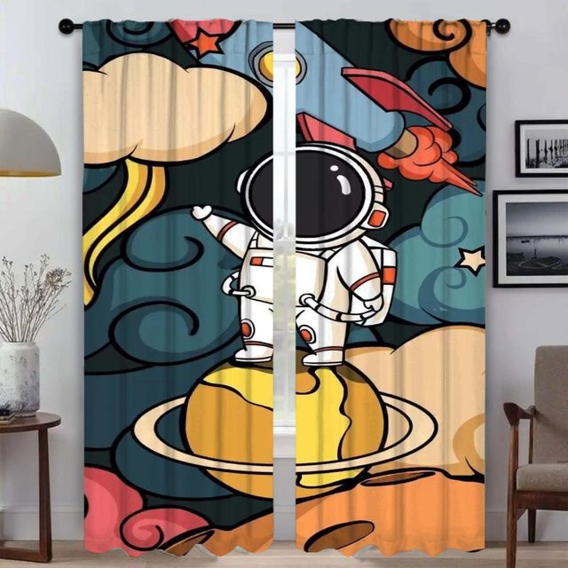 Astronaut Verdunkelungsvorhänge 2er-Set mit Grafikdesign für Schlafzimmer und Halloween-Dekoration, Mehrfarbig, Breite: 50 cm, Höhe: 70 cm - Bild 1