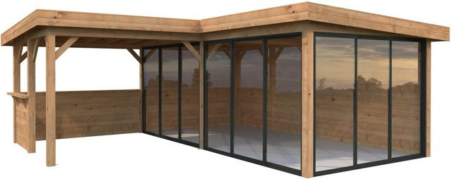 Palmako Pavillon Lenna Set 423 Slide aus Fichtenholz in Braun mit Alu-Schiebetüren und Eck-Tresenanlage, B/T/H: 588 x 588 x 245 cm - Bild 1