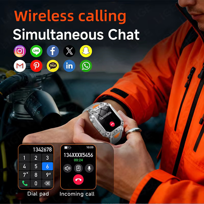 LIGE Militär-Smartwatch für Herren in Schwarz mit 1400mAh Akku, Fitness-Tracker und LED-Taschenlampe, wasserdicht, kompatibel mit Android und iOS - Bild 3