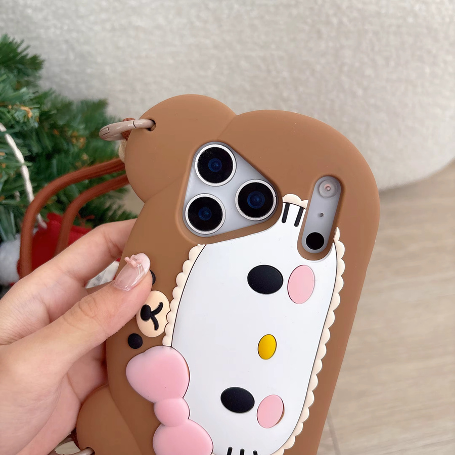 Kawaii 3D Bär Hello Kitty Handyhülle für iPhone 17 16 15 14 13 12 Pro Max Plus 16e 17 Pro mit Lanyard in Braun - Bild 6